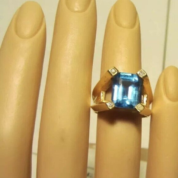 Blue Topaz & Diamond Ring 14K Custom Design Vintage - Picture 6 of 9